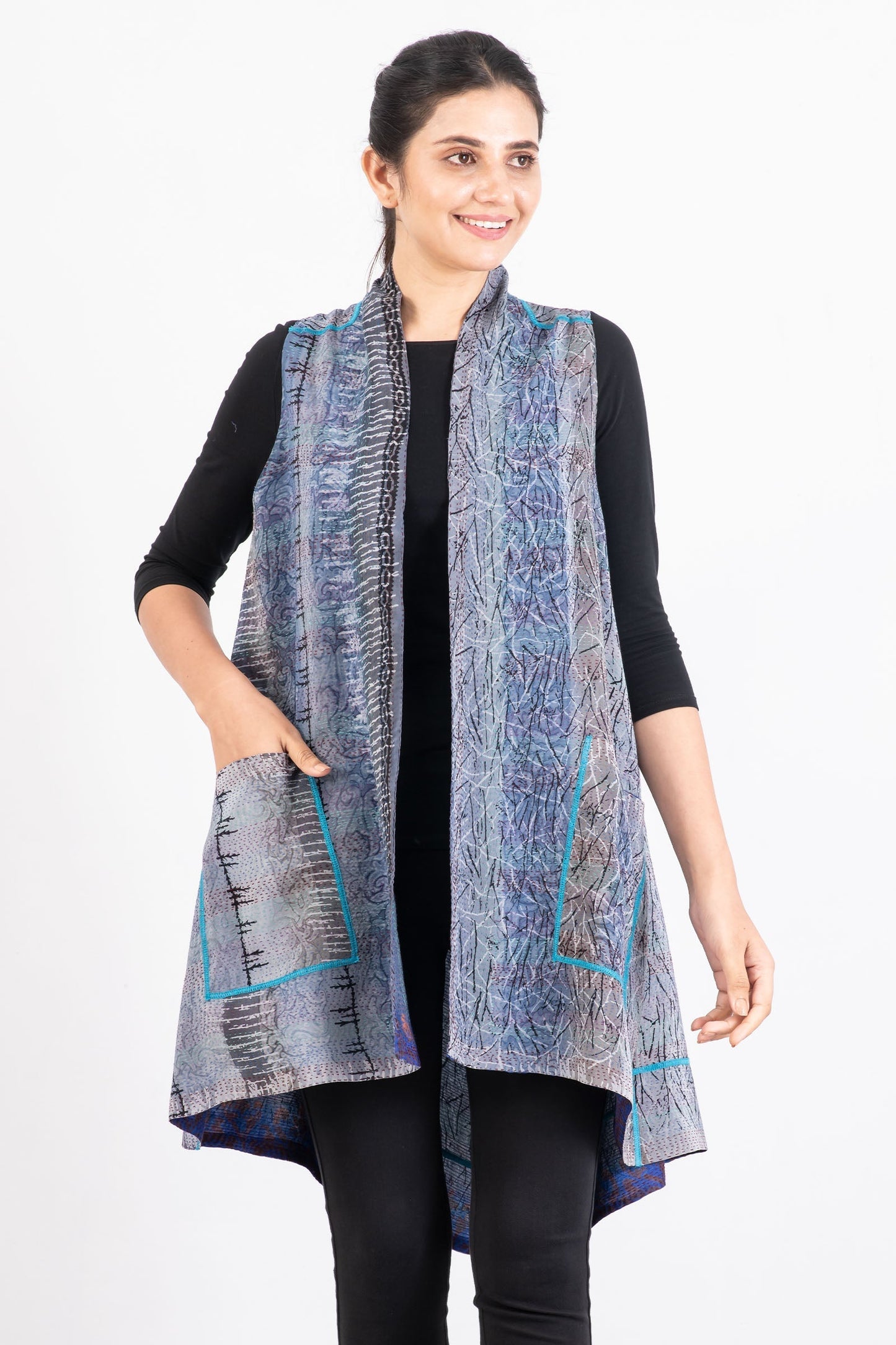 VINTAGE SILK GEORGETTE KANTHA A-LINE VEST - sg2203-0003a -