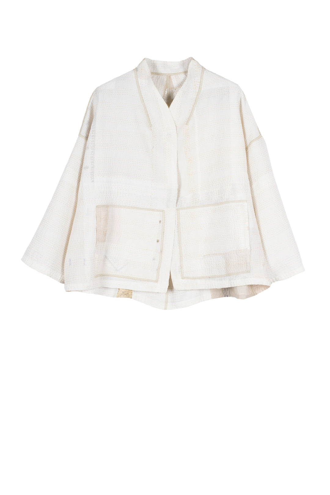 FRAYED PATCH KANTHA STAND COLLAR CROPPED JKT - fi2034-ivy -