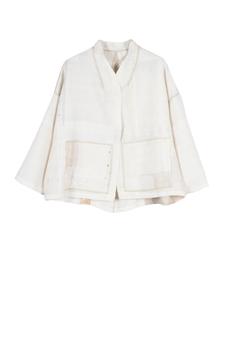 FRAYED PATCH KANTHA STAND COLLAR CROPPED JKT - fi2034-ivy -