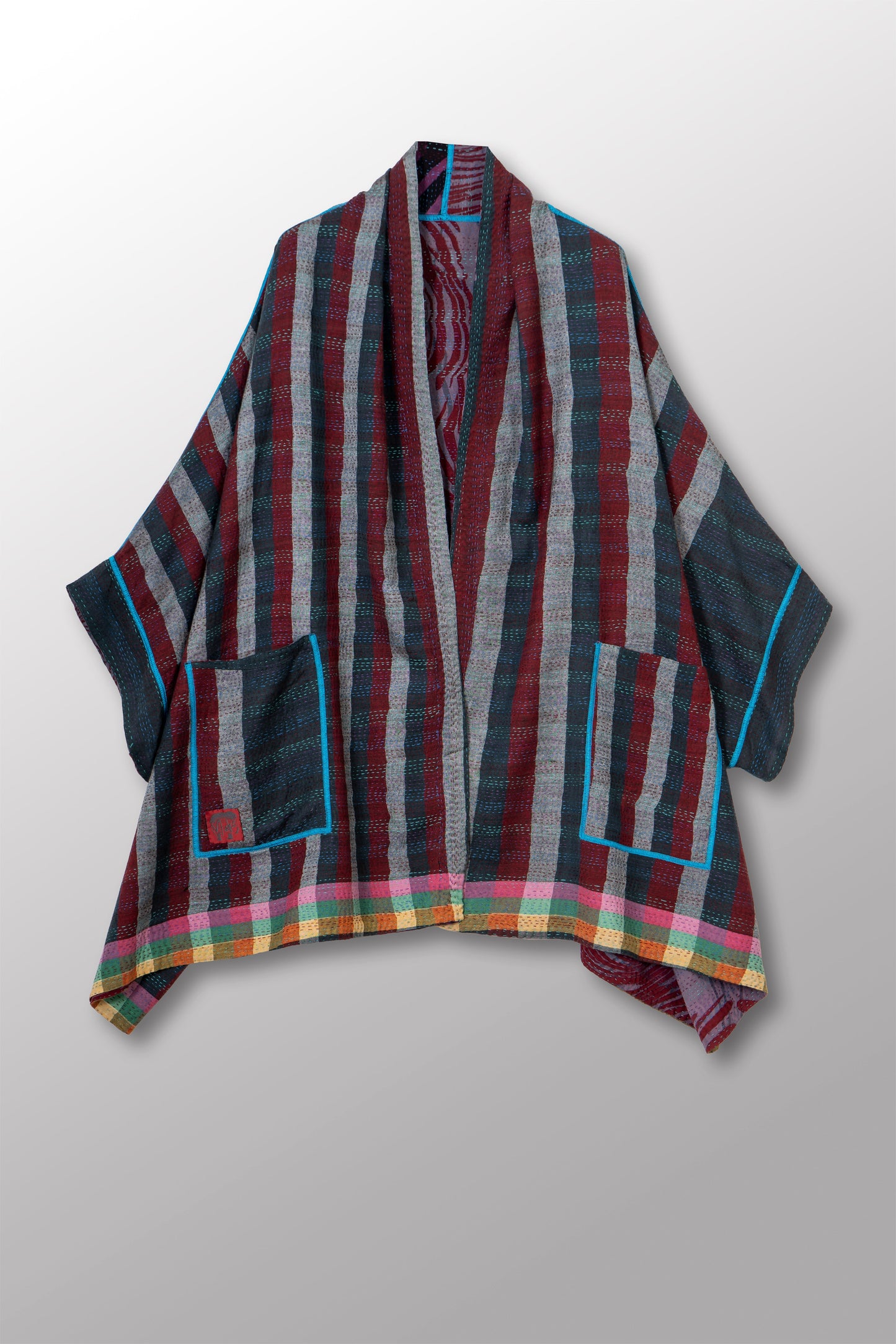 VINTAGE SILK GEORGETTE COTTON KANTHA DOUBLE COLLAR PONCHO - gc2323-0003a -