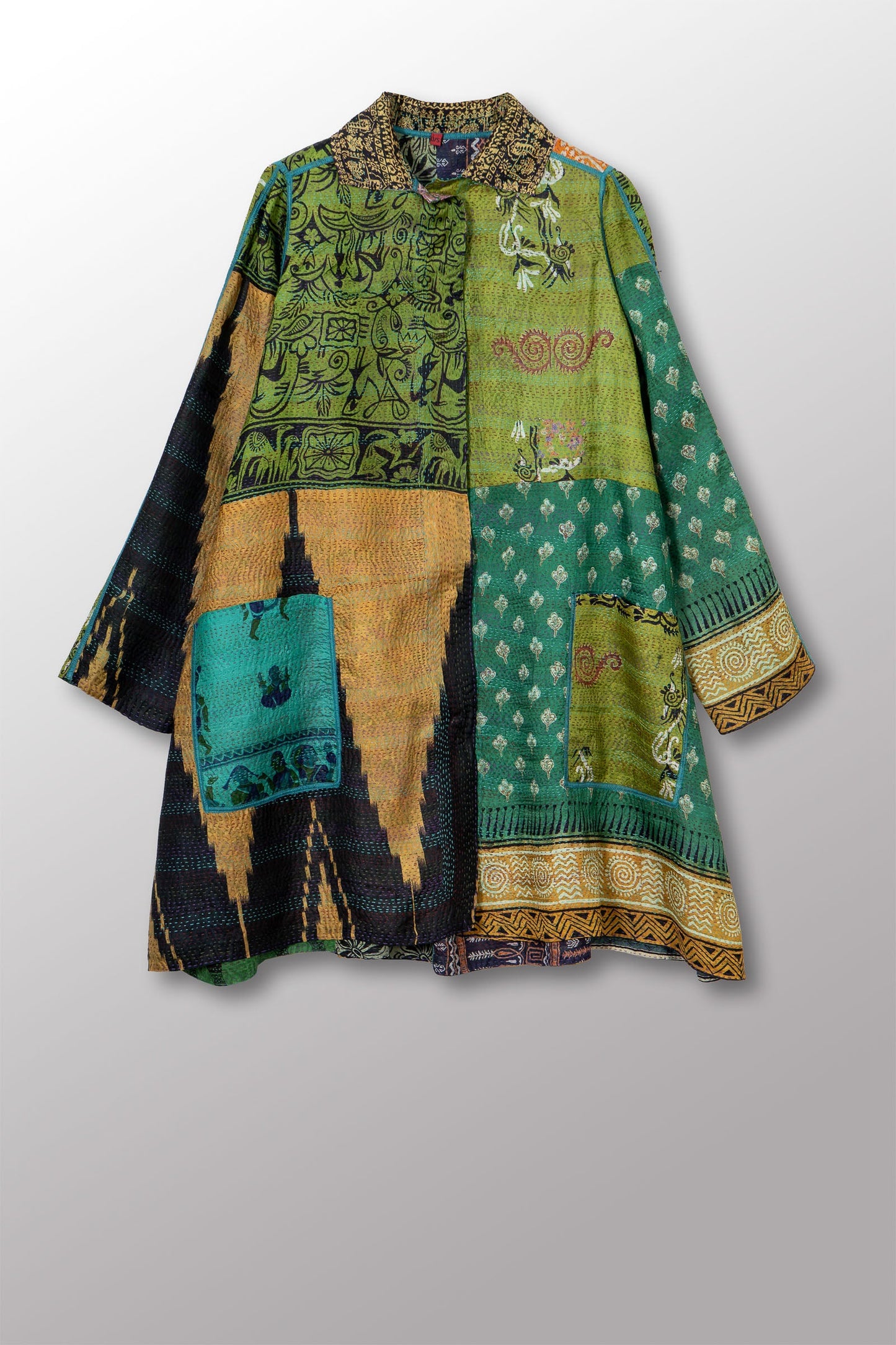 VINTAGE SILK KANTHA A-LINE DUSTER - sv2311-0011a -