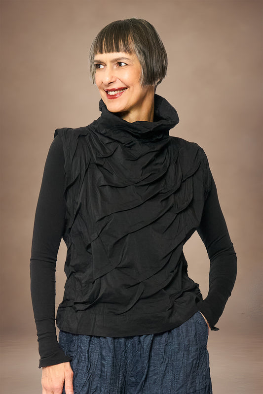 POLISHED COTTON WAVY TUCK SHELL TOP - wl1553-blk -