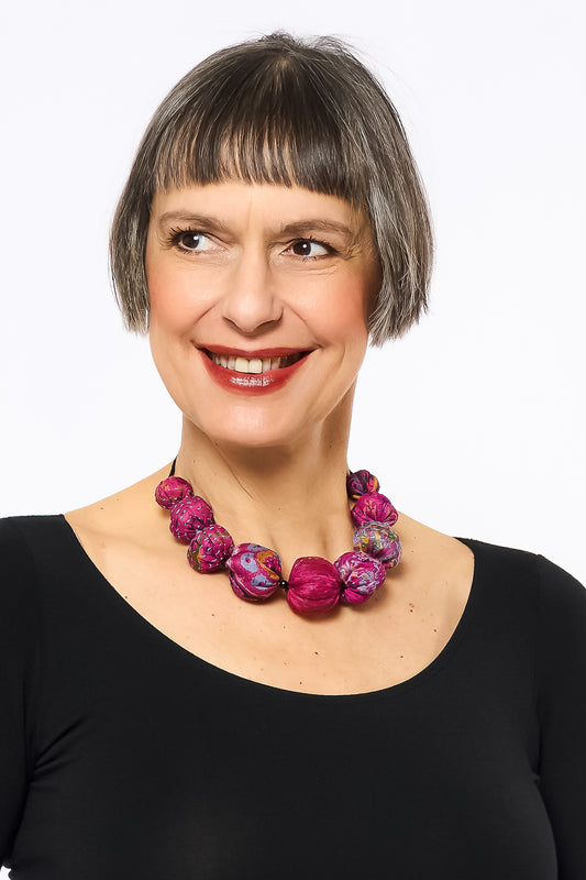 VINTAGE SILK KANTHA NUTS SHORT NECKLACE - sv2700-pik -