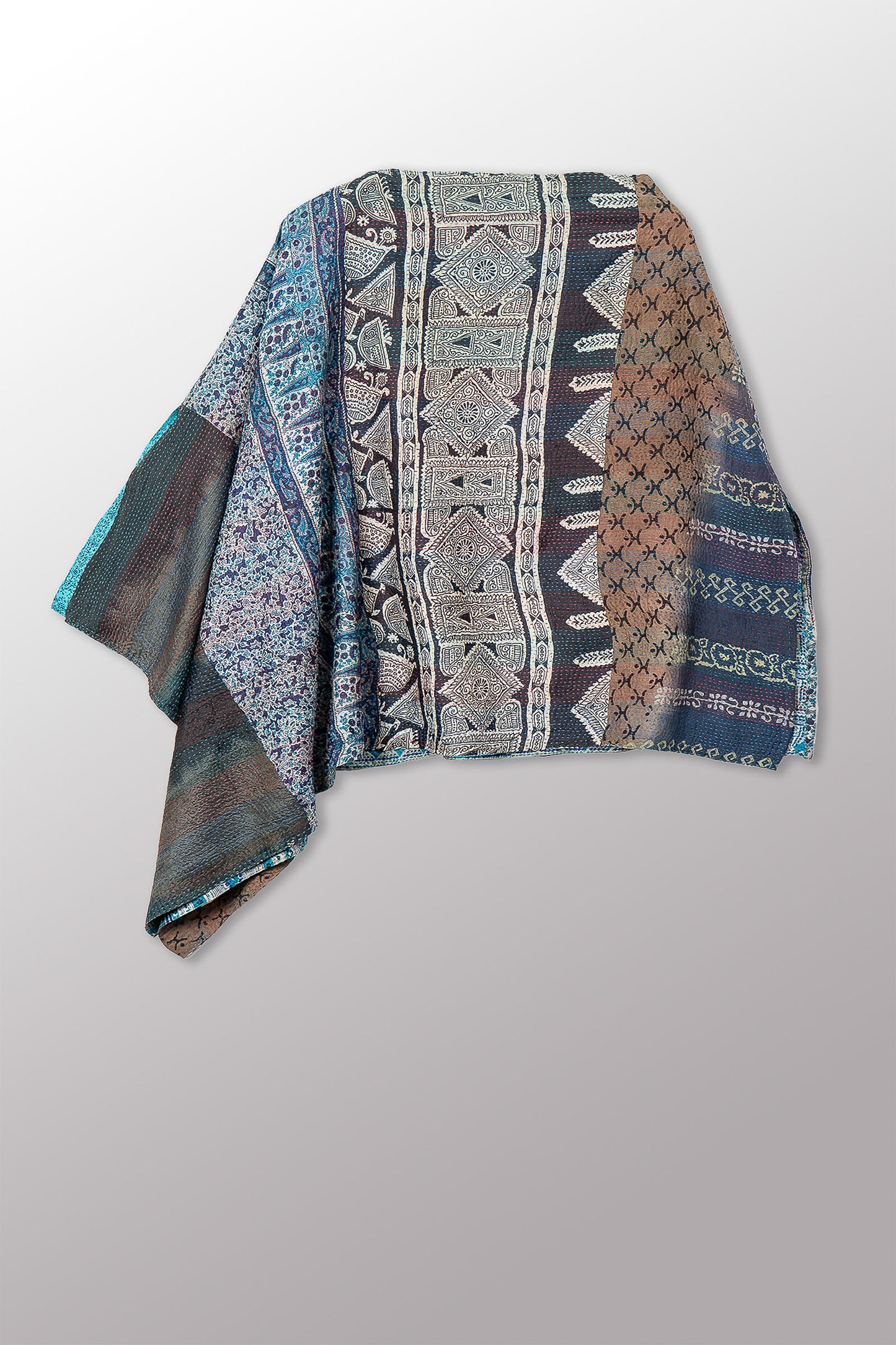 VINTAGE SILK KANTHA LONG CAPE - sv2841-0006a -