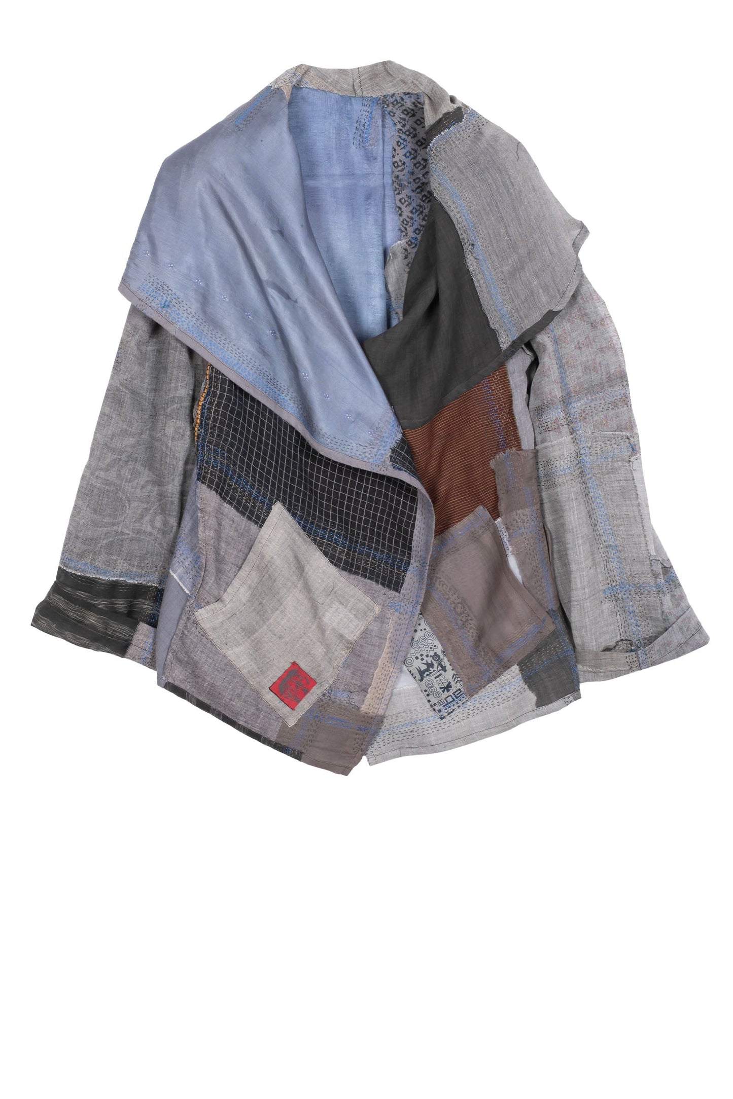 MOSAIC TILE PATCH KANTHA SCARF NECK BLOUSE - mt1561-gry -