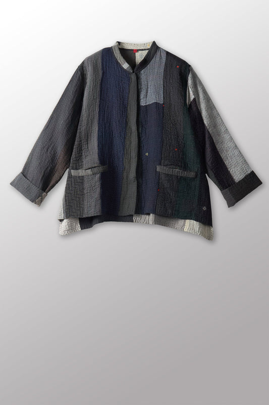 STRIPE AND CHECK COTTON SILK PATCH KANTHA KAFTAN JACKET SHORT - ss4088-blk -