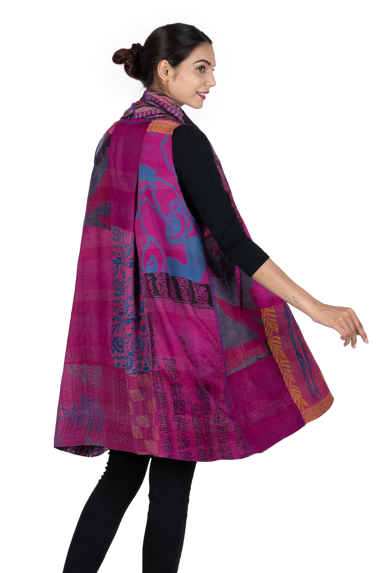 GEORGETTE VINTAGE SILK PATCH KANTHA SHAWL COLLAR VEST - gs2235-pik -