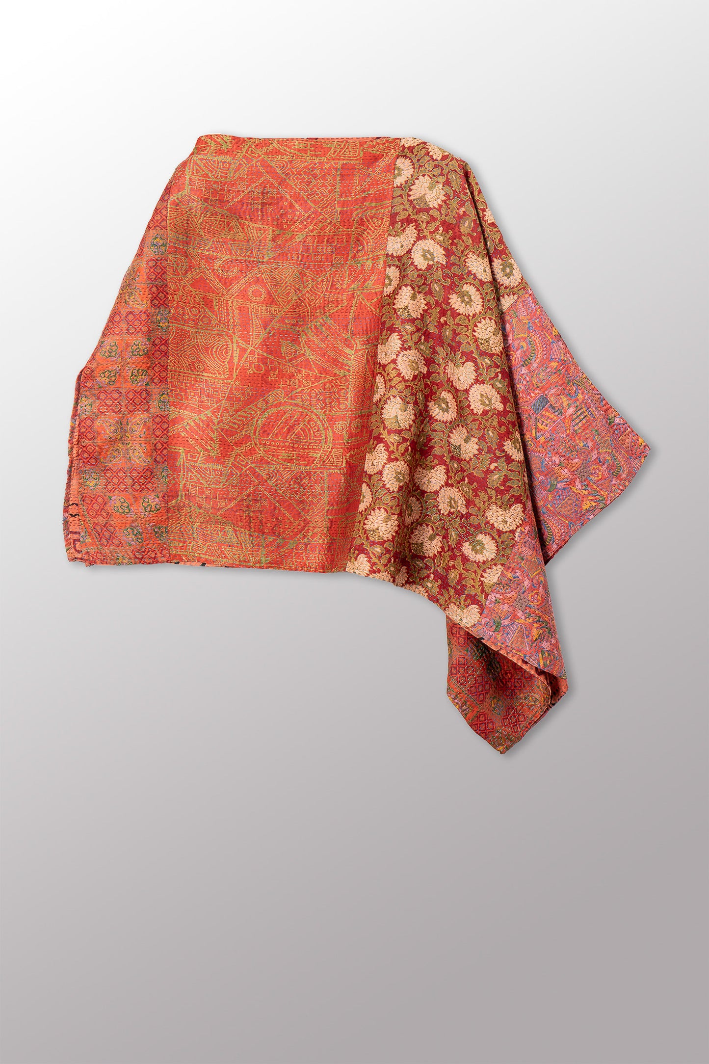 VINTAGE SILK KANTHA LONG CAPE - sv2841-0013a -