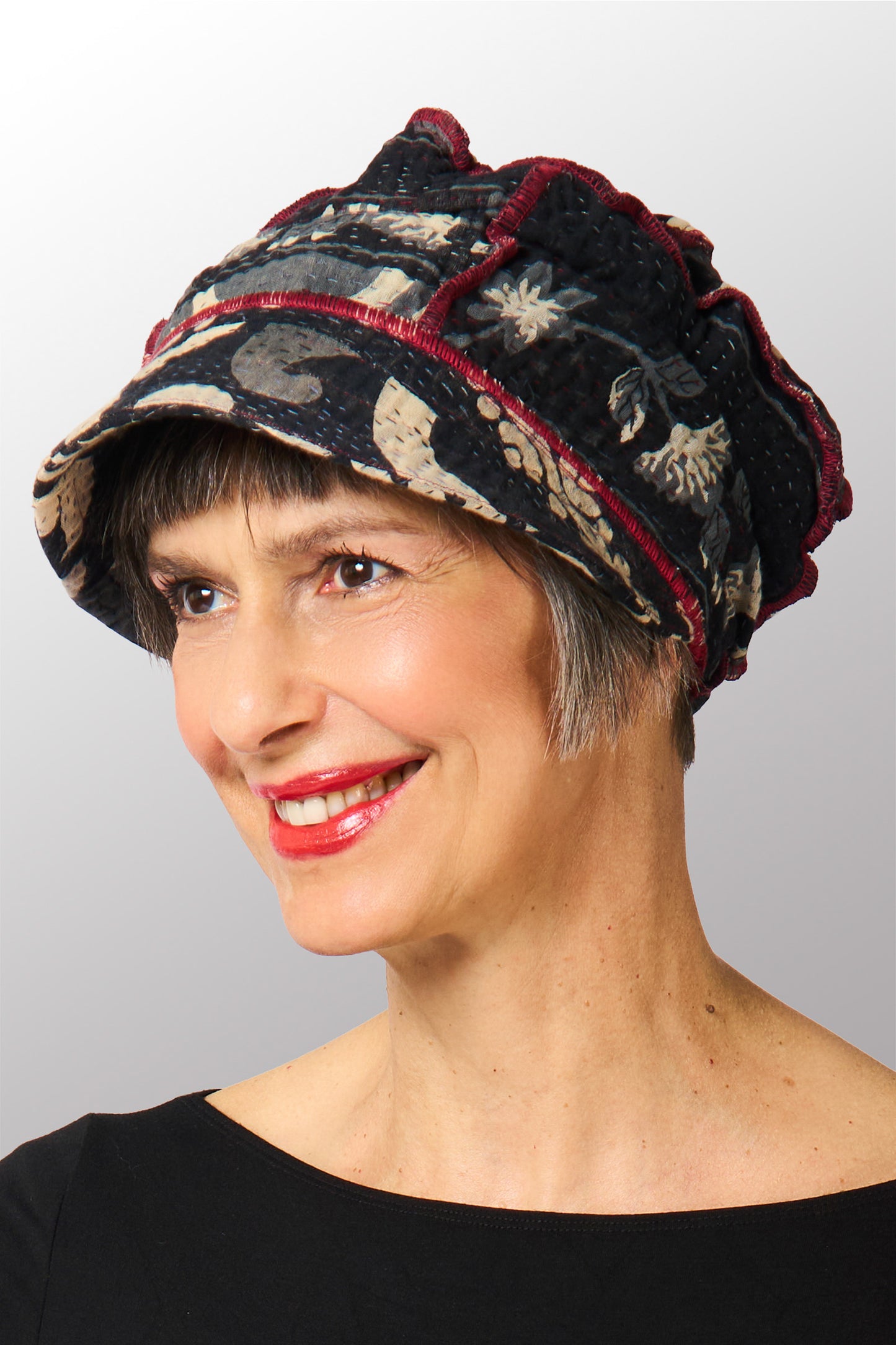 BLACK AND WHITE PRINT PATCH KANTHA HALF BRIM HAT - pn4881-blk -