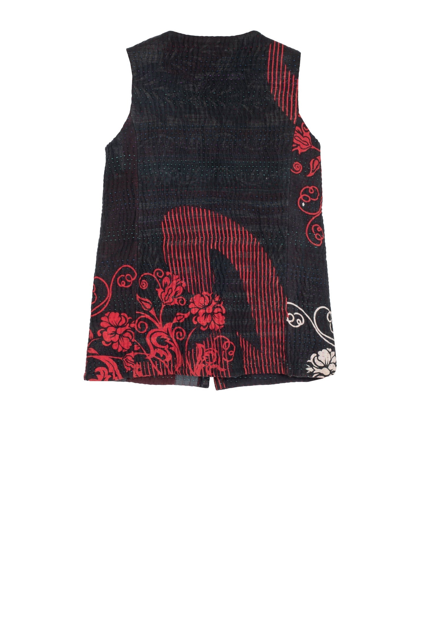 QUILTED VINTAGE COTTON KANTHA CREW NECK FITTED VEST MEDIUM - cq5233-0006m -