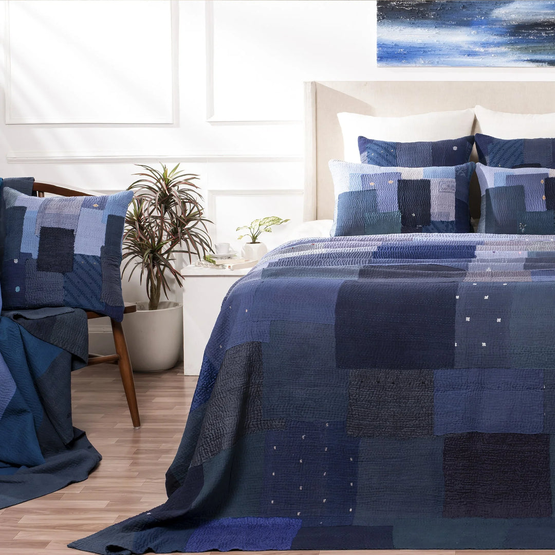 Landscape Fray Patch vintage Kantha Quilts - Navy