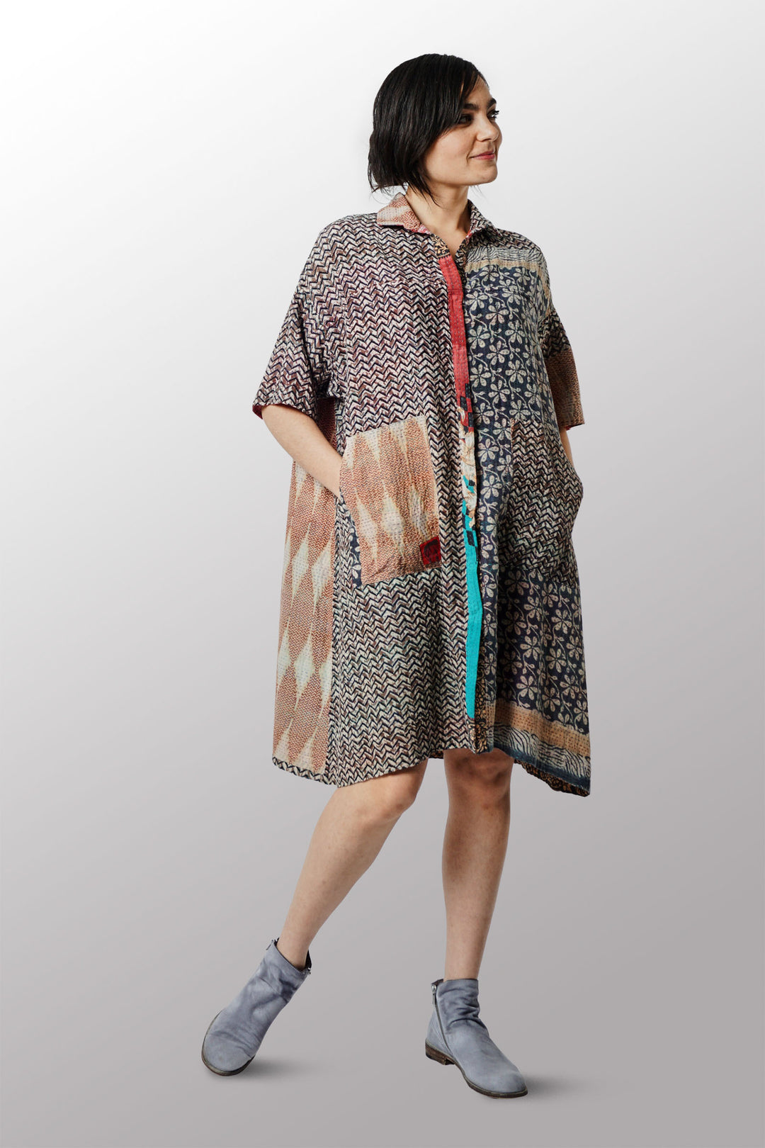 ROBE CHEMISE VINTAGE EN COTON KANTHA MANCHES COURTES - cv2429-0010a -