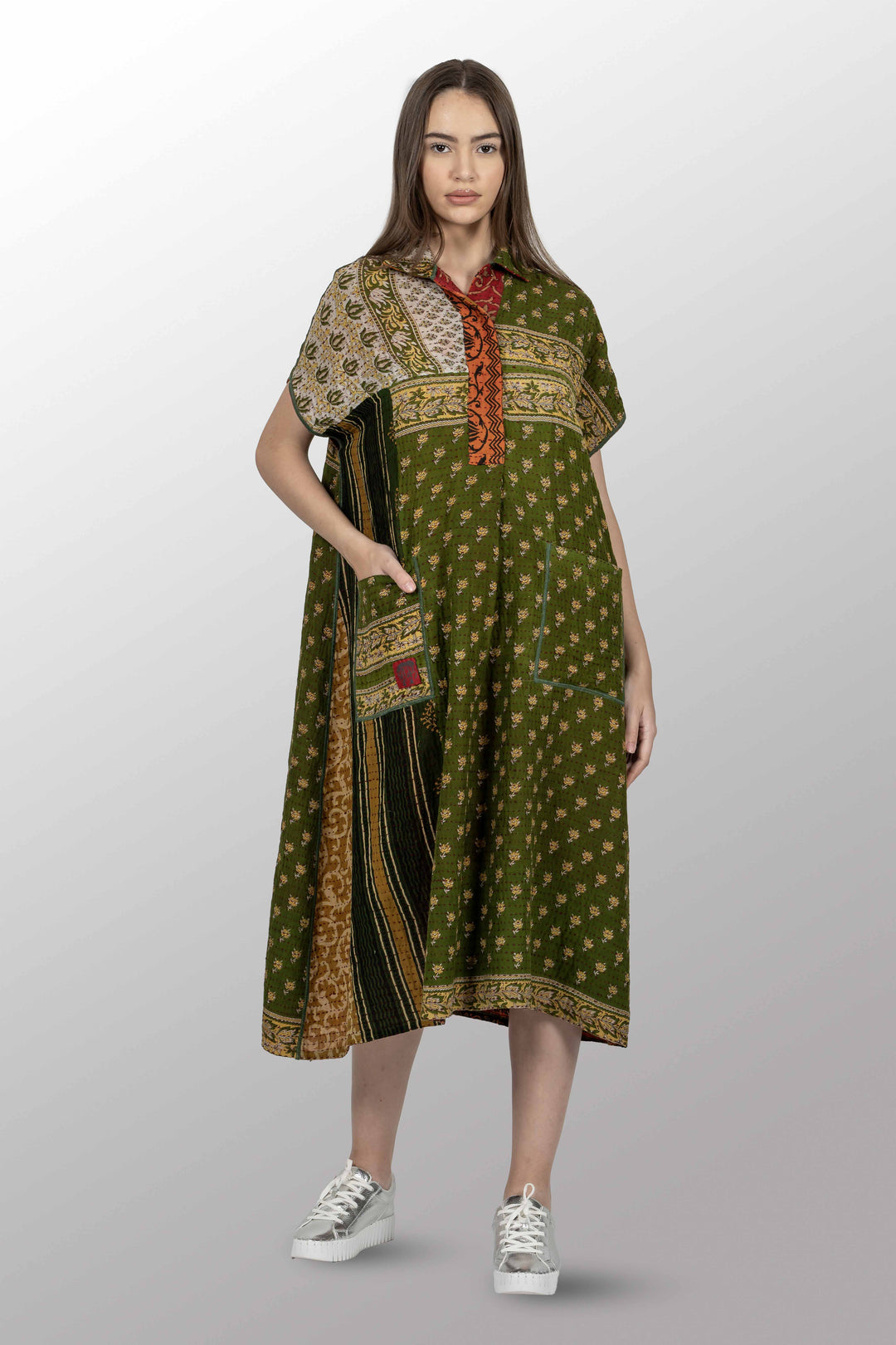 ROBE VINTAGE EN COTON BBK KANTHA AVEC COL ET MANCHES FRANÇAISES - bl-bb2458-0001s -