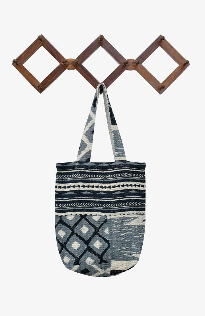 Monotone Ikat Handmade Vintage Kantha Tote Bag - Monotone Black