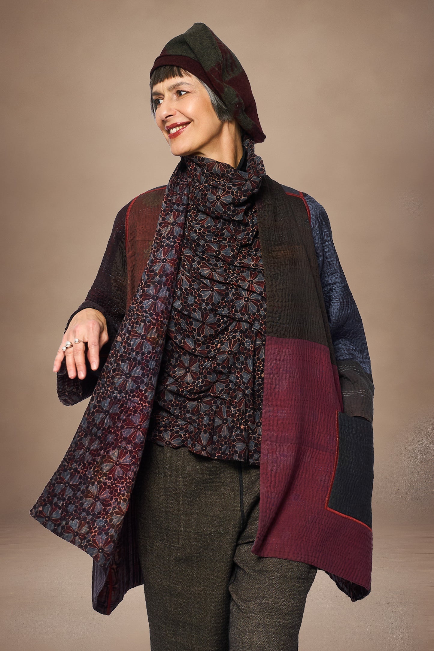 AJRAKH PRINT AND SILK COTTON PATCH KANTHA A-LINE JACKET - az4003-brn -