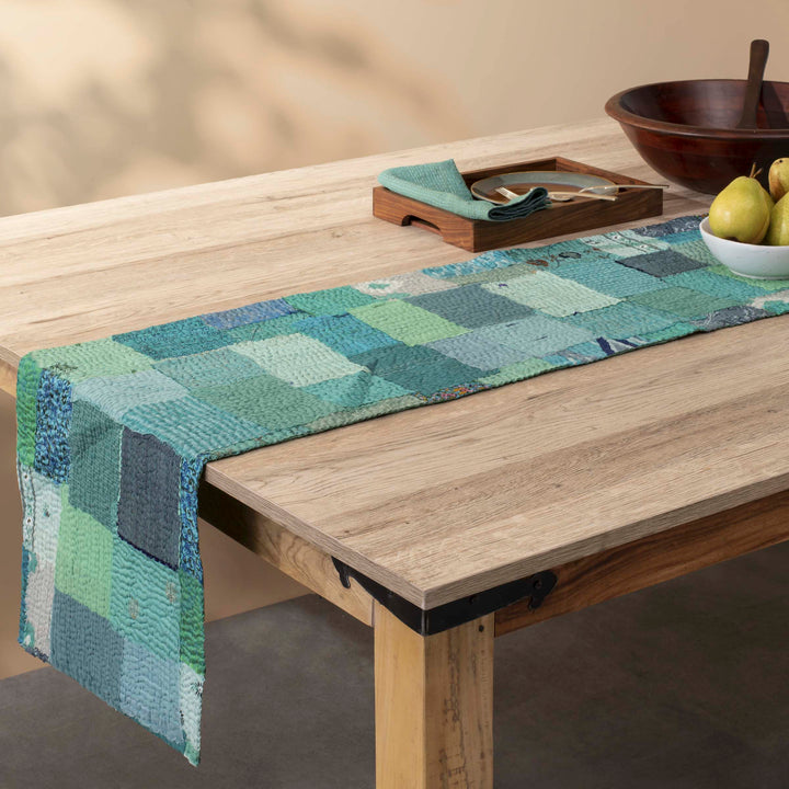 Printed Fray  patch  Kantha  Table Runner- Sage