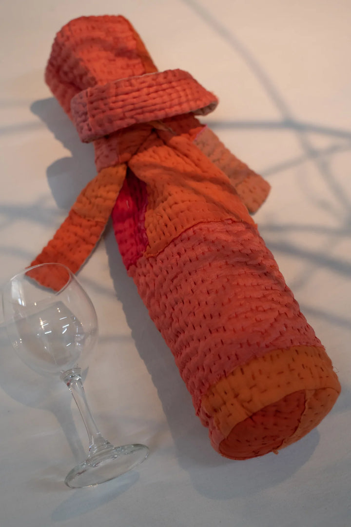 Mosaic Fray Handmade Vintage Kantha Wine Bag -Carrot