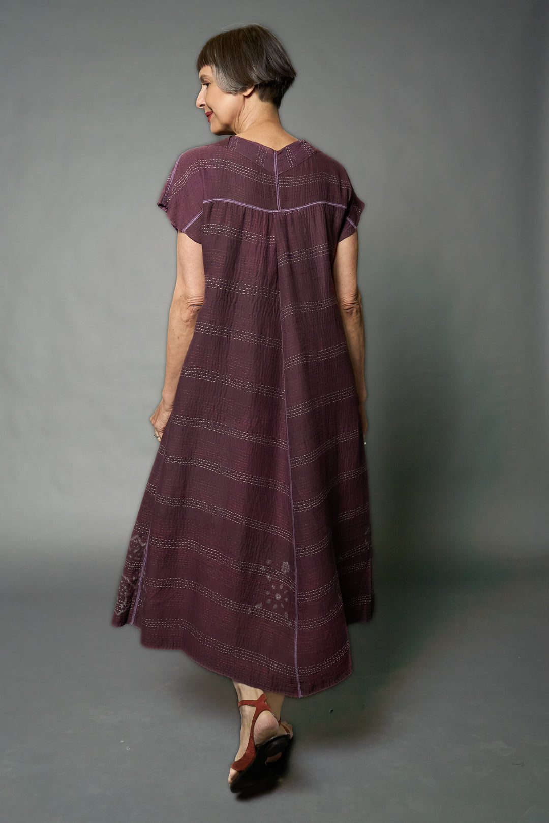 MOSAIC FRAY PATCH KANTHA V-NECK FRENCH SLV. DRESS - zb2467-prp -