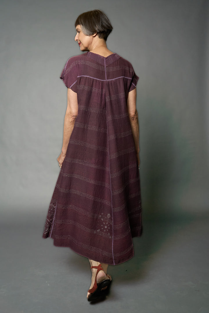 MOSAIC FRAY PATCH KANTHA V-NECK FRENCH SLV. DRESS - zb2467-prp -