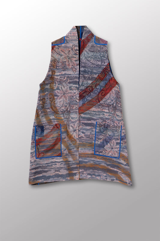 VINTAGE SILK GEORGETTE COTTON KANTHA KIMONO VEST - gc2247-0001m -