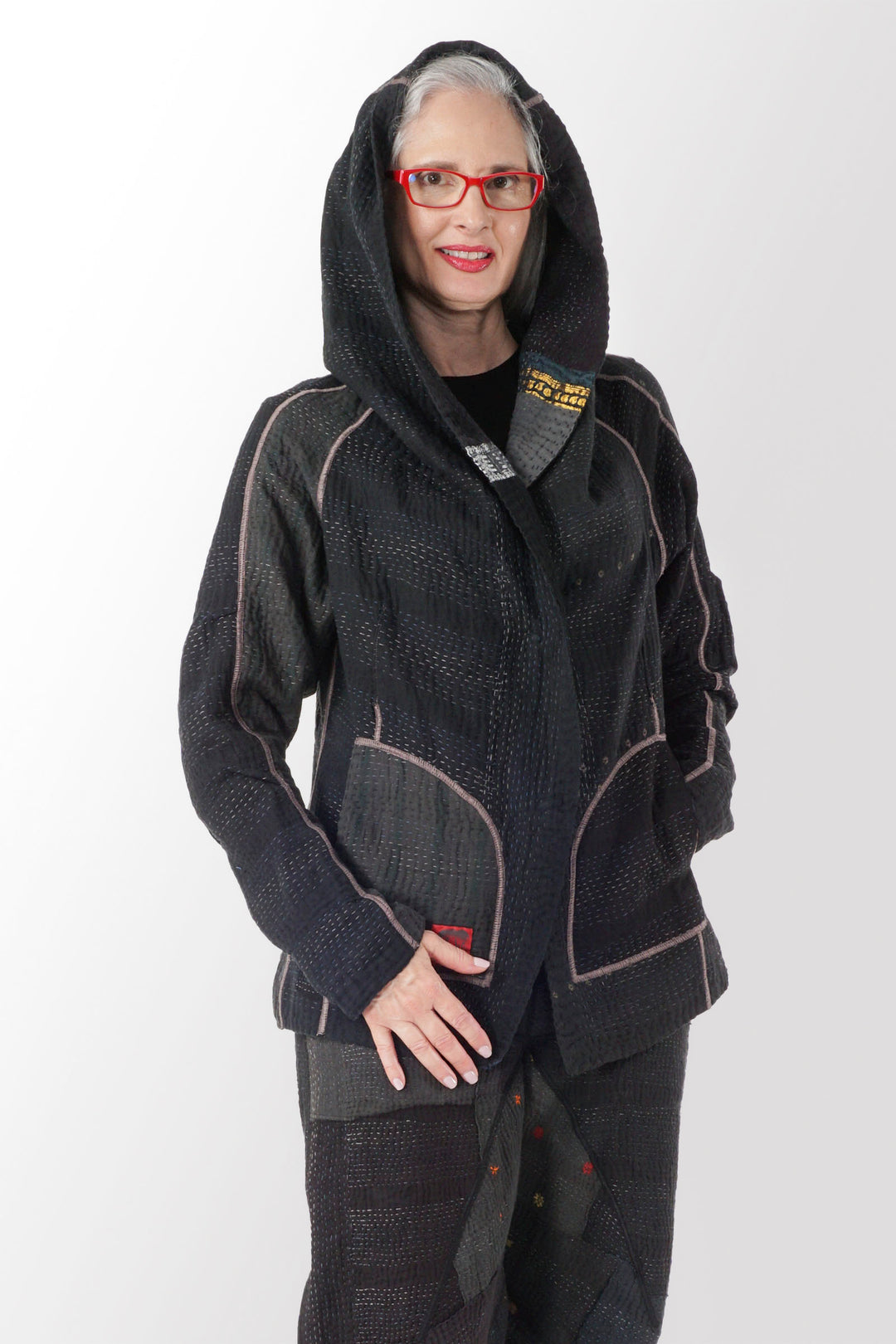COTTON SILK SW PATCH KANTHA HOODIE JKT - ws4036-blk -