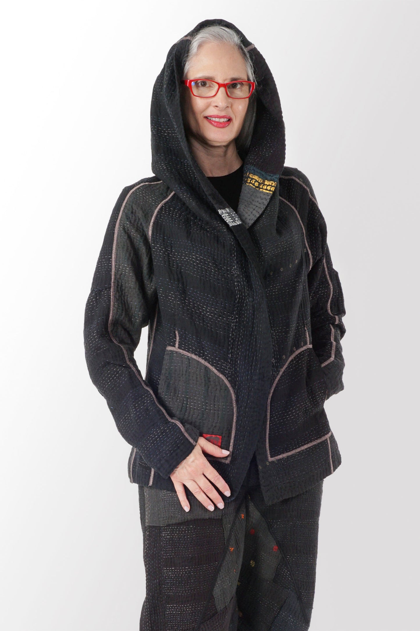 COTTON SILK SW PATCH KANTHA HOODIE JKT - ws4036-blk -