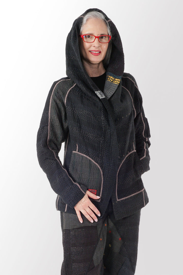 COTTON SILK SW PATCH KANTHA HOODIE JKT - ws4036-blk -
