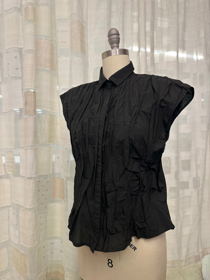 POLISHED COTTON WAVY FRENCH SLEEVE SHIRT - wl1569-blk -