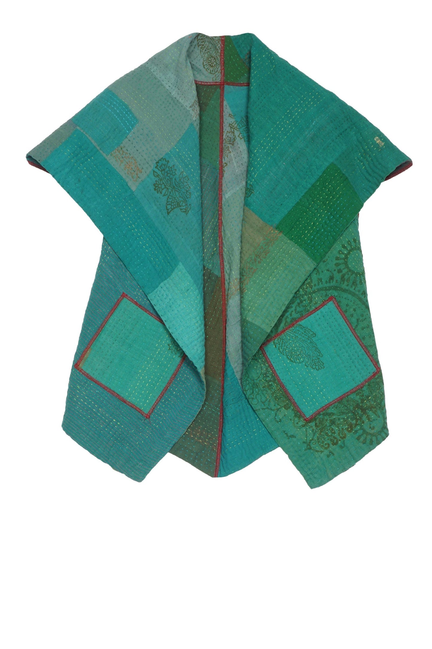 OMBRE PATCHED GOLD STAMP KANTHA CIRCULAR SHORT VEST - og4202-grn -