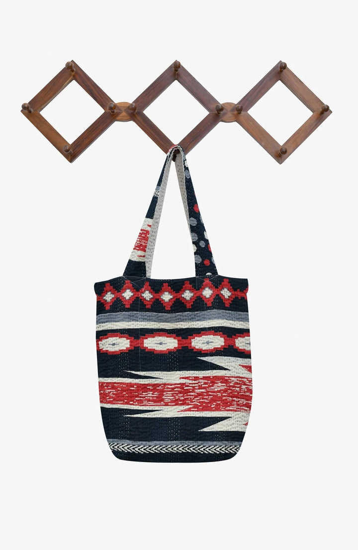 Monotone Ikat Handmade Vintage Kantha Tote Bag -Red