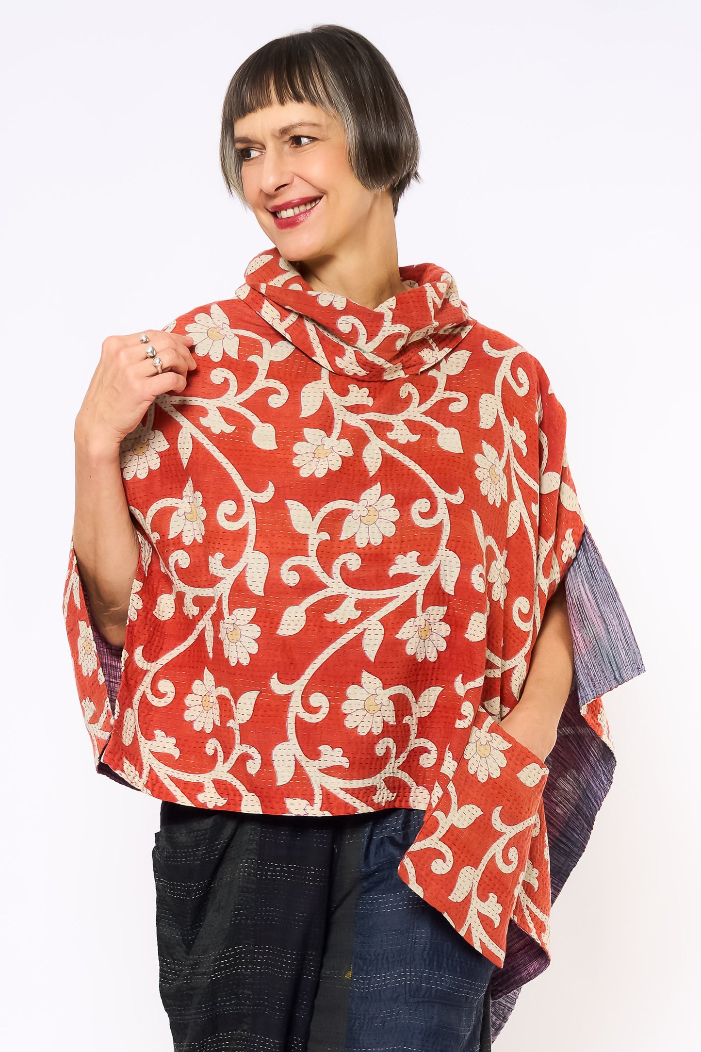 VINTAGE COTTON KANTHA COWL NECK LONG CAPE - cv2842-mlt -