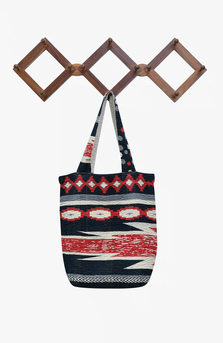 Monotone Ikat Handmade Vintage Kantha Tote Bag - Monotone Black