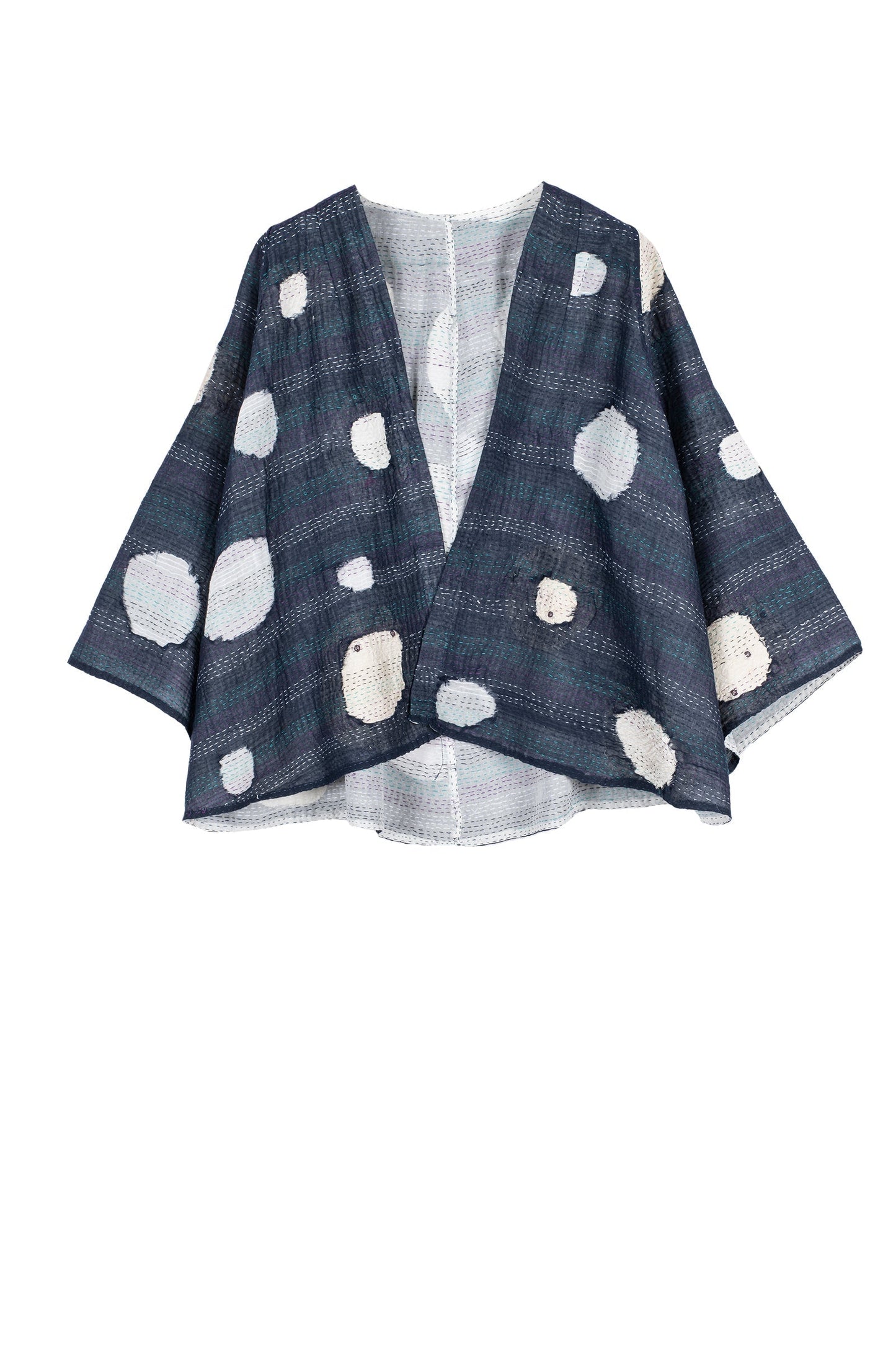 CUT THROUGH DOT AND HOLES KANTHA BELL SHAPE JKT - cd2048-blu -