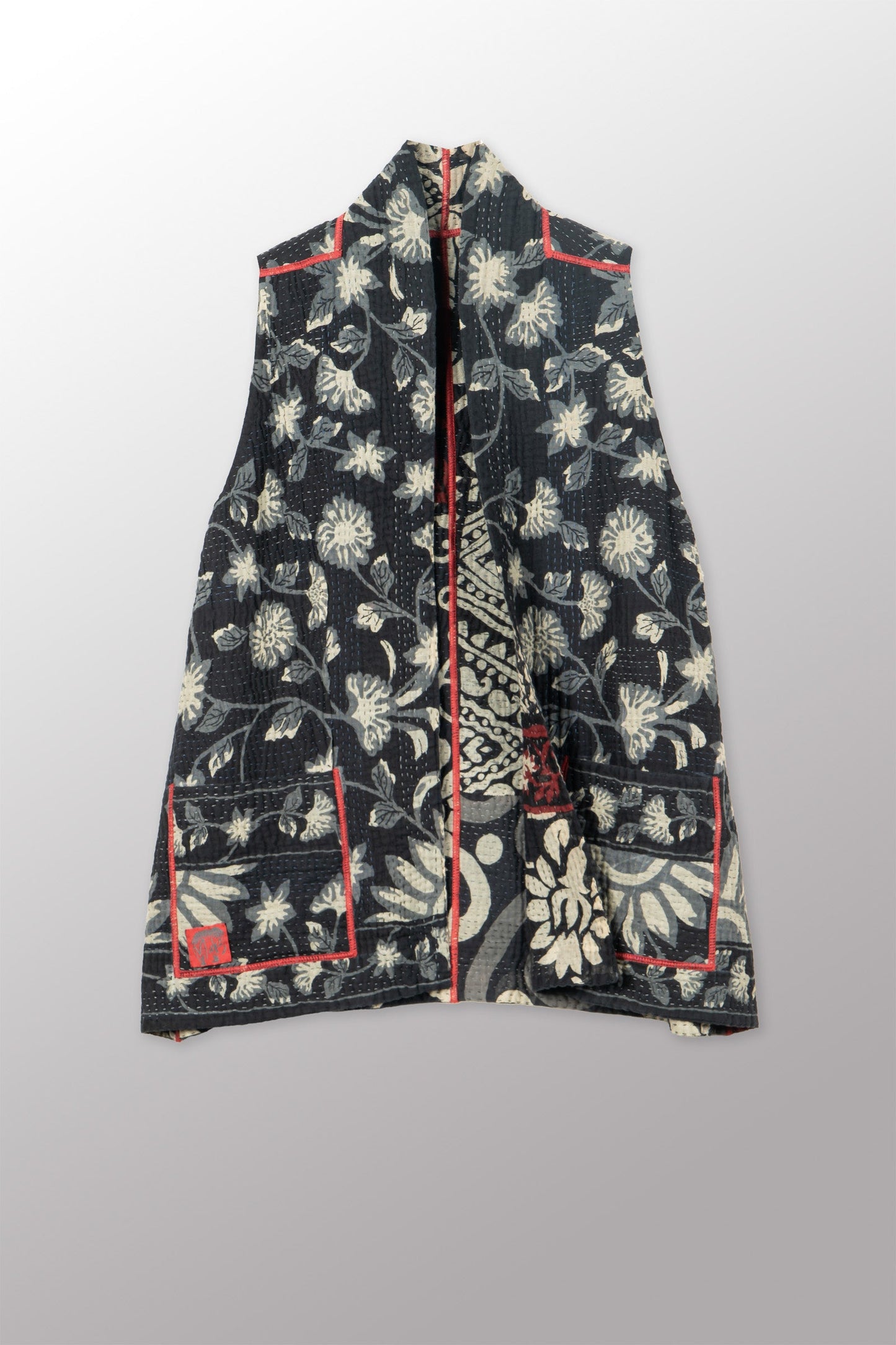 BLACK AND WHITE PRINT PATCH KANTHA KIMONO VEST SHORT - pn4248-red -