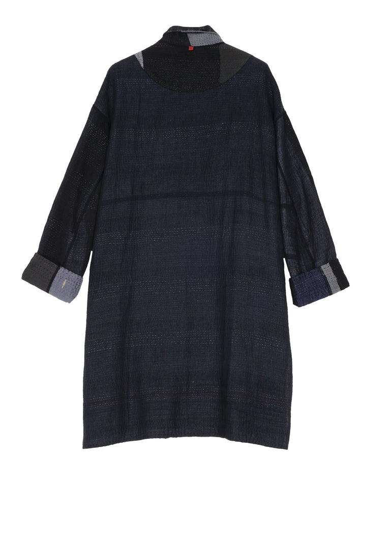 TWO TONE PATCH KANTHA LONG LINE JACKET - tn4059-blk -