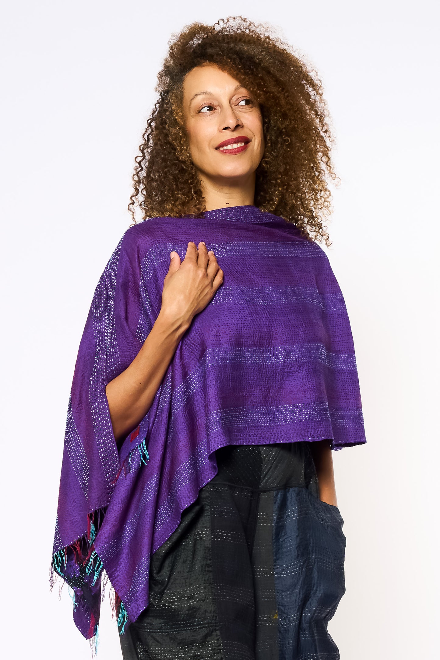 VINTAGE SILK KANTHA LONG CAPE - sv2841-mlt -