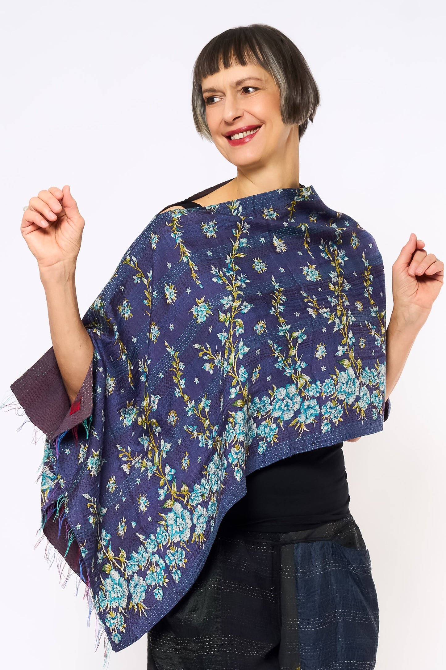 VINTAGE SILK GEORGETTE KANTHA CAPE - sg2806-mlt -
