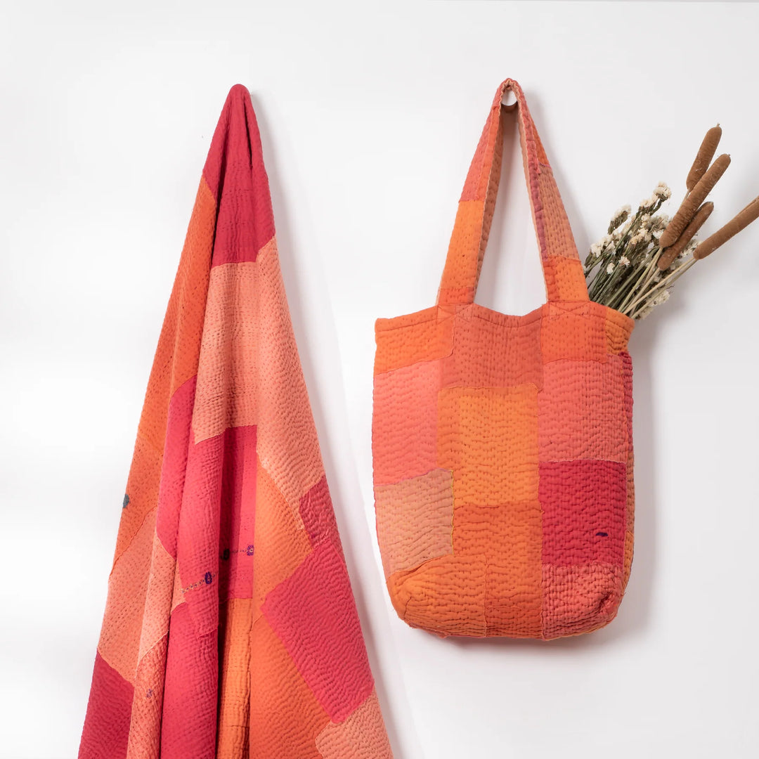 Mosaic Fray Handmade Vintage Kantha Tote Bag - Carrot