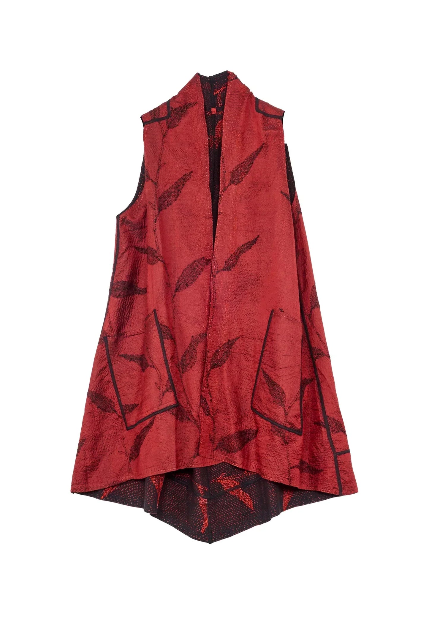 NIGHT BAMBOO SILK COTTON KANTHA A-LINE VEST - nb2203-red -