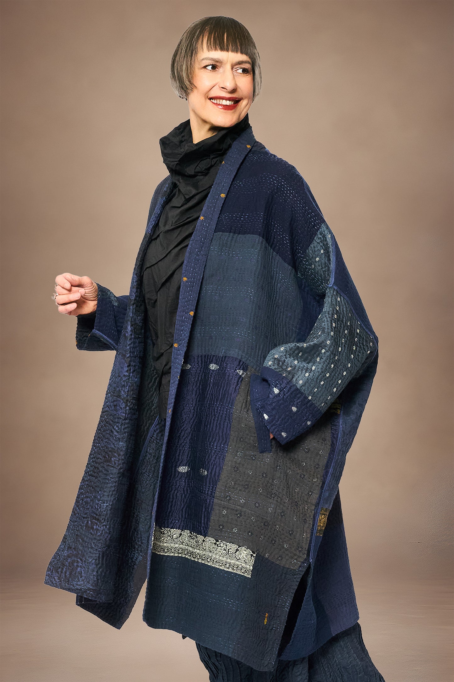 COTTON SILK SW PATCH KANTHA NEW KIMONO WRAP LONG - ws4360-gry -