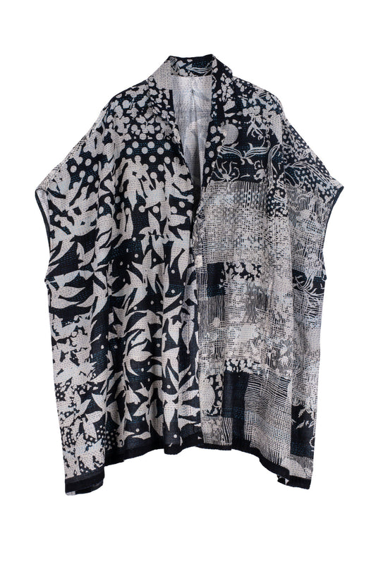 MONOTONE TWILIGHT PRINT KANTHA SHIRT PONCHO - tp2545-blk -