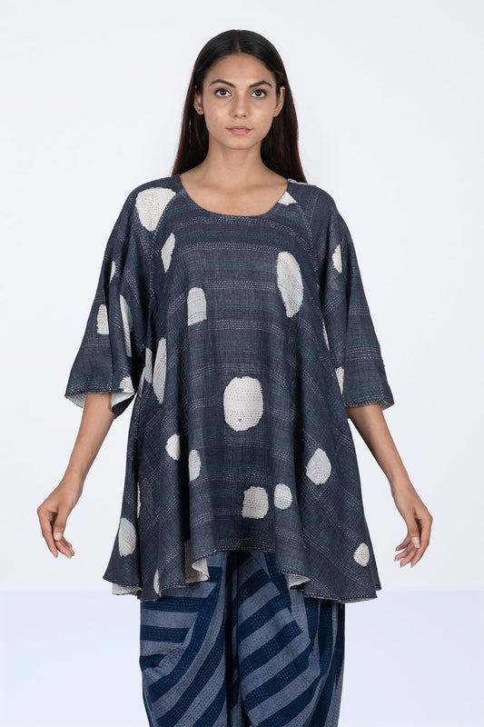 CUT THROUGH DOT AND HOLES KANTHA PUFF SLV. FLARE TOP - cd2543-blu -