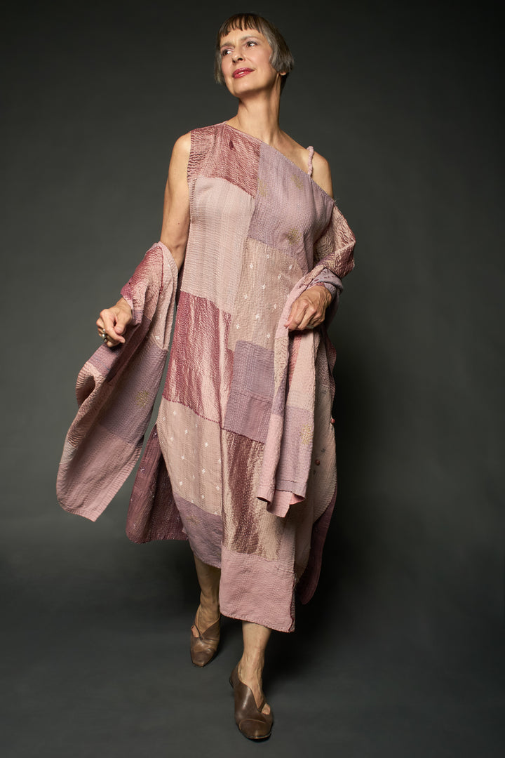 HALF SILK PATCH KANTHA ASYMMETRIC TUBE DRESS - hs2472-mov -