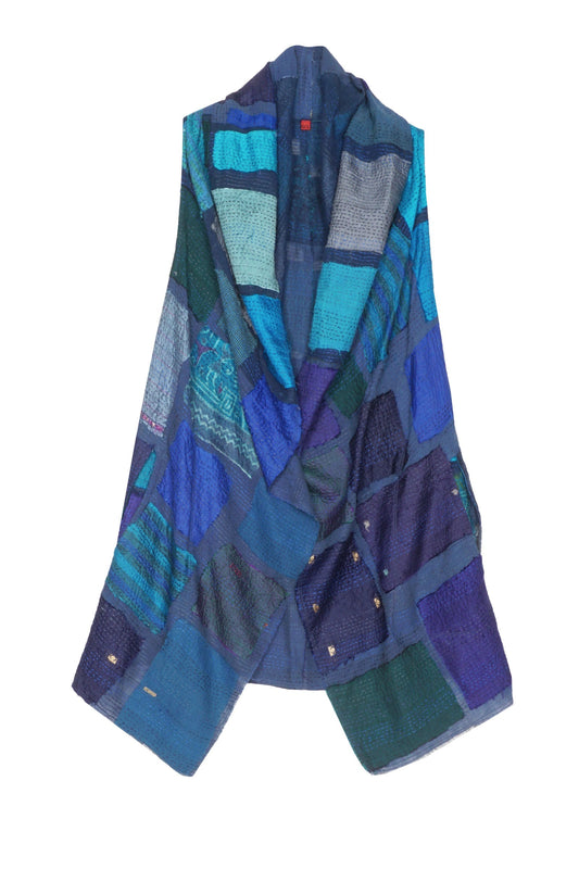 TONAL TILE PATCH KANTHA HOODED VEST - tt2220-blu -