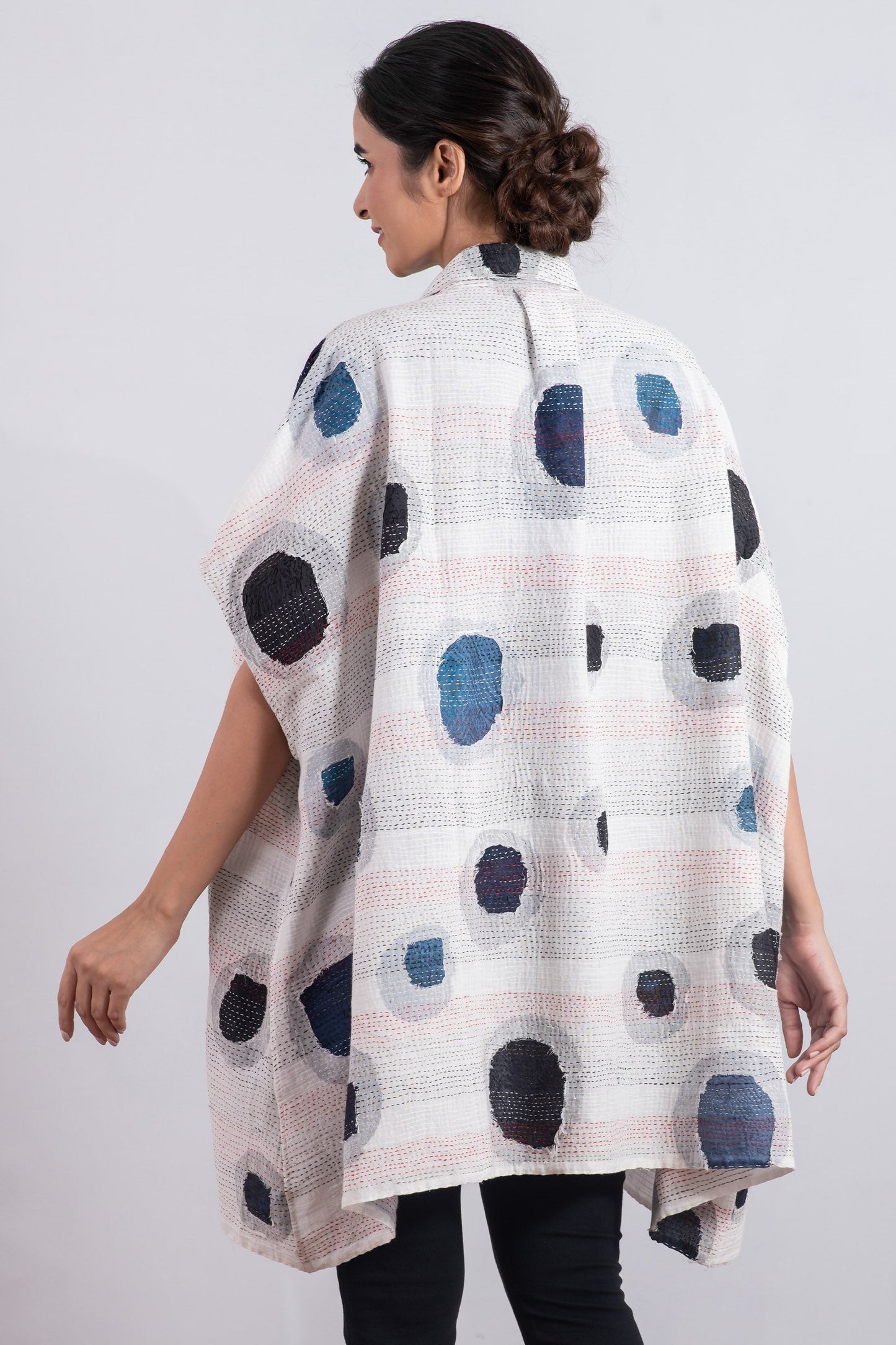 CUT OUT KANTHA SHIRT PONCHO - ck2545-wht -