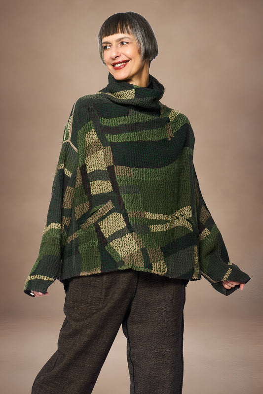 ABSTRACT WAFFLE KANTHA FUNNEL NECK PULLOVER - bw3t106-grn -