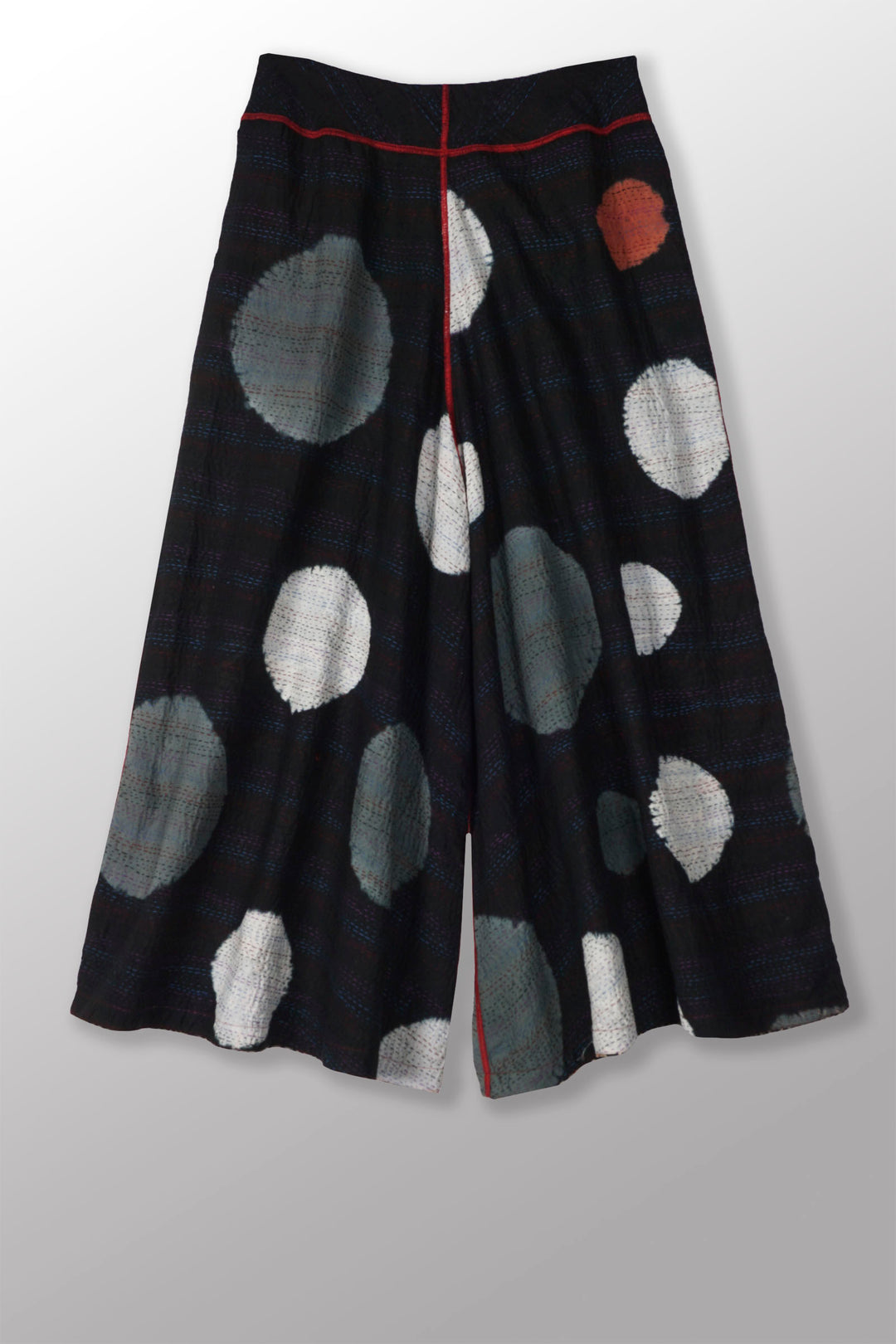 PATCH &amp; CIRCLE PRINT KANTHA WIDE LEG PANTS - pc2623-blk -