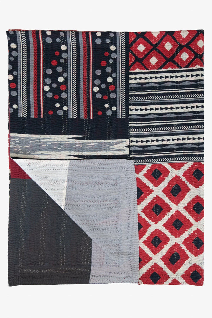 Monotone Ikat Handmade Vintage Kantha Throw - Red