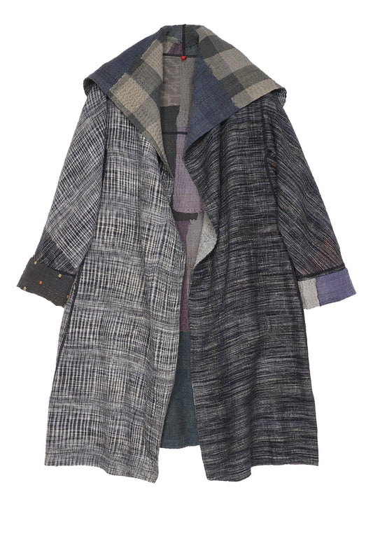 WOVEN IKAT & FRAYED PATCH KANTHA A-LINE COAT - wk4309-gry -
