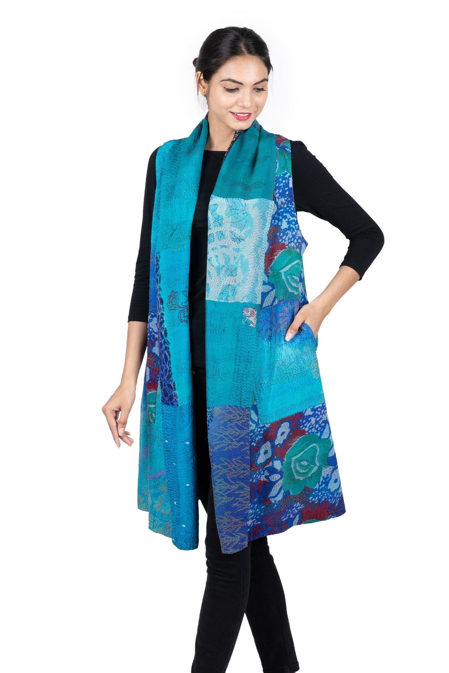 GEORGETTE VINTAGE SILK PATCH KANTHA SHAWL COLLAR VEST - gs2235-blu -